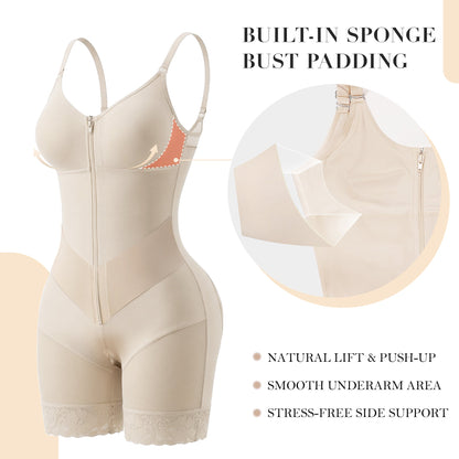 V-Panel Side Bust Padded Front Zip Mid-Thigh Faja Bodysuit