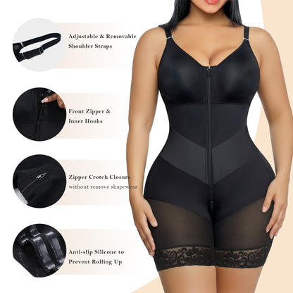 V-Panel Side Bust Padded Front Zip Mid-Thigh Faja Bodysuit
